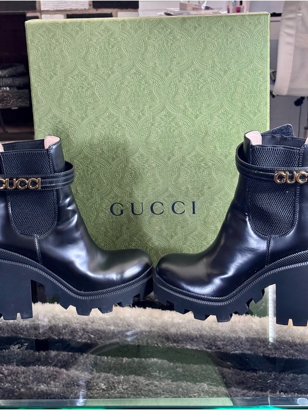 Gucci Black Leather Chunky Platform Ankle Boots with Gold Logo